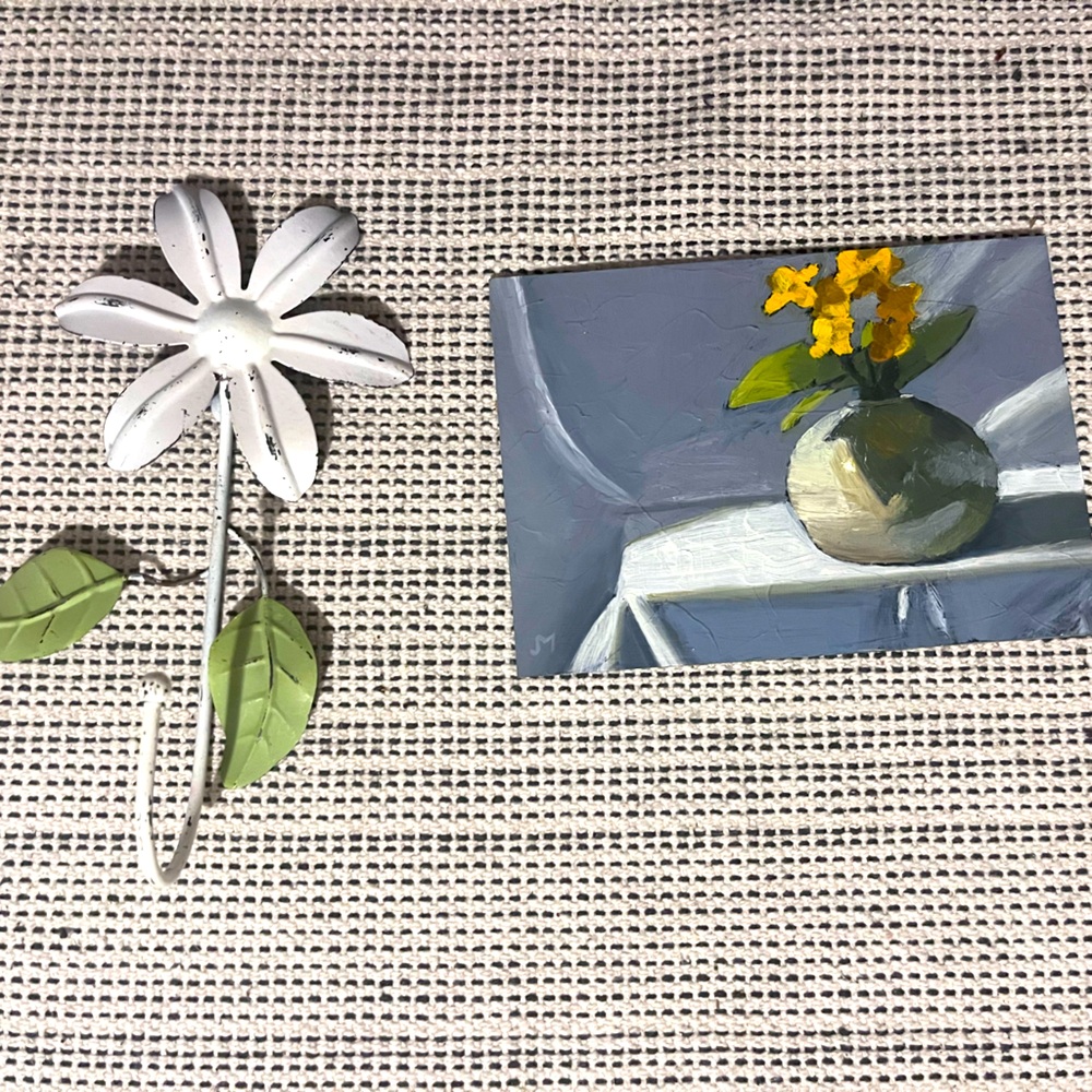 White Metal Flower Wall Hook & Handpainted original Art on Masonite 6”x8”
